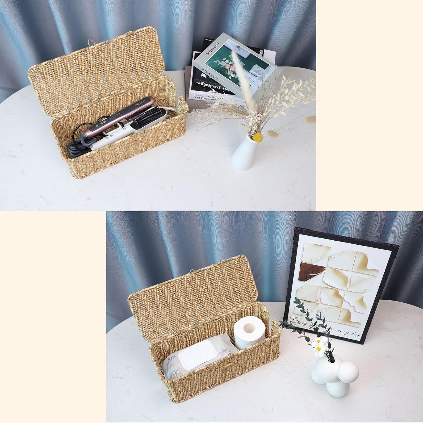 BROWNLILY Cable Management Box, Rattan Style Cord Organizer for Desk Cord Hider Outlet Covers Baby Proofing for Power Strip TV PC Router Charger Under Desk Storage with Lockable Lid and Cable Ties