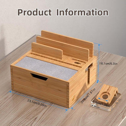 Pezin & Hulin Bamboo Charging Station for Multi Device with 5 USB Charger HUB, Phone Docking Station with Lined Tray & Drawer(Include 5 Charger Cables)-Black