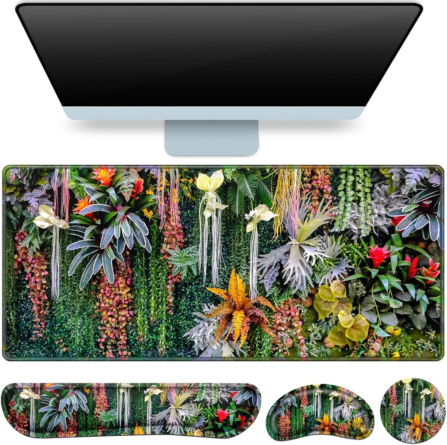 Desk Mat, Large Gaming Mouse Pad with Wrist Rest, 4in1 XXL Mousepad+Keyboard Wrist Rest+Mouse Pad Wrist Support+Cup Coaster Set Ergonomic Floral Computer Desk Arm Wrist for Decor Home Office Women