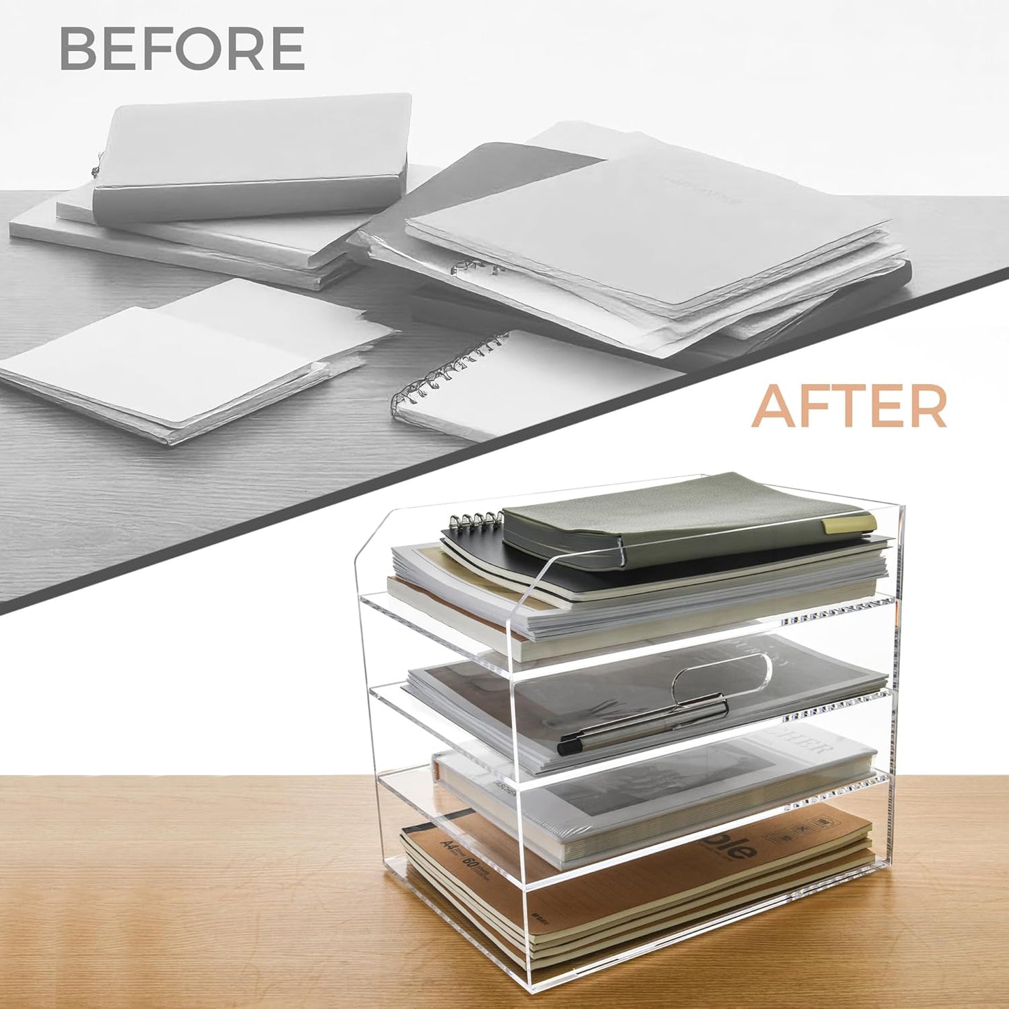 2-Tier Clear Acrylic Paper Trays, Desk File Organizer, A4 Paper Holder, Low-Profile Desk File Sorter for Office/Home, Clear Stackable Letter Tray for Bills, Crafts, Notebooks - Horizontal