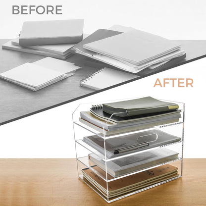 2-Tier Clear Acrylic Paper Trays, Desk File Organizer, A4 Paper Holder, Low-Profile Desk File Sorter for Office/Home, Clear Stackable Letter Tray for Bills, Crafts, Notebooks - Horizontal
