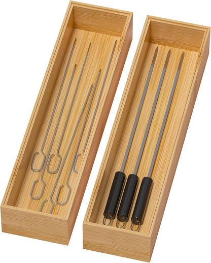 Lixple Bamboo Drawer Organizer, Cutlery Silverware Organizer for Kitchen Drawer, Stackable Utensil Organizer, 2 Pcs Flatware Organizer for Drawer, Wooden Storage Box Tray (Bamboo, 9 X 6 X 2 Inch)