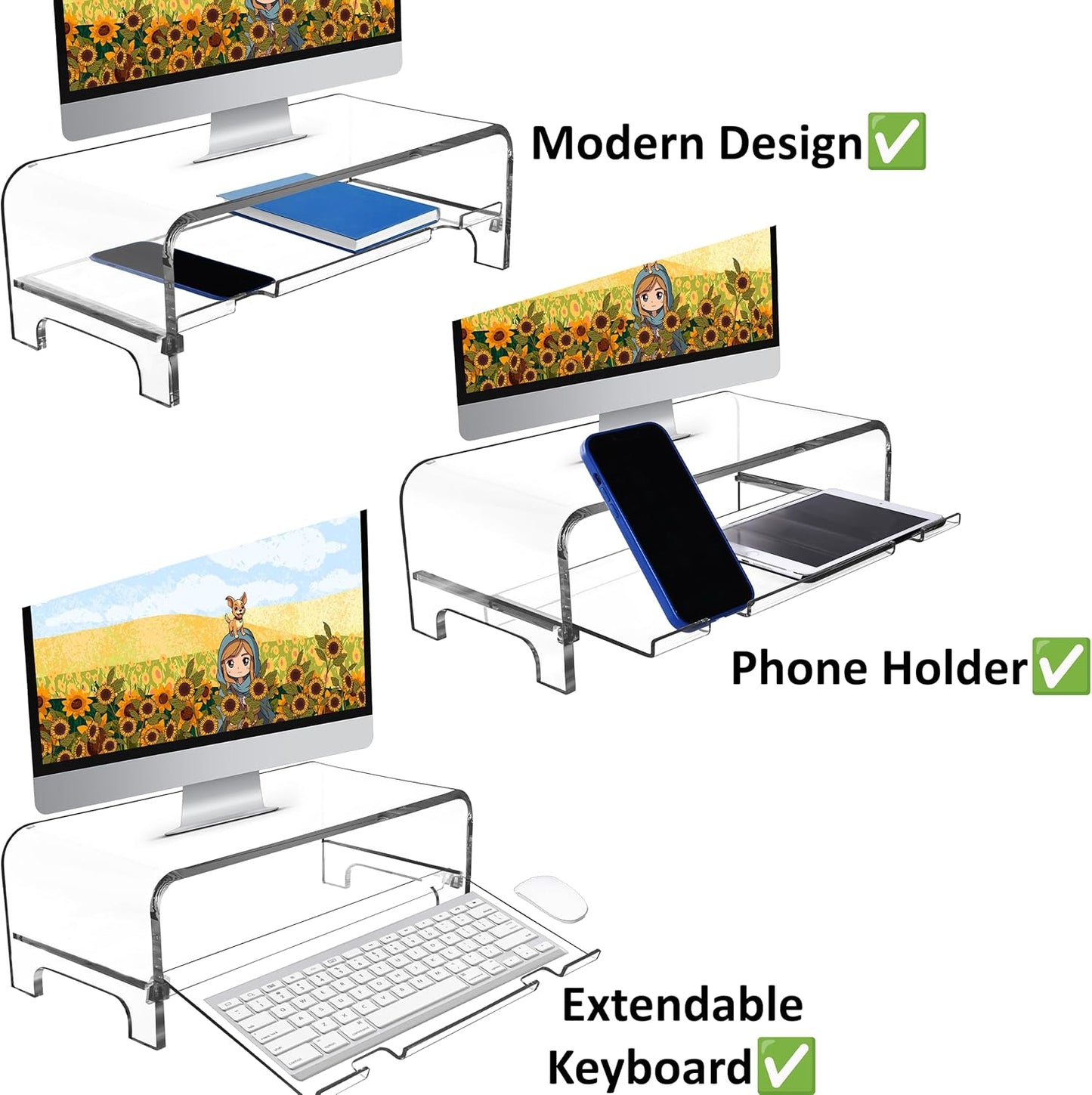 AMT Acrylic Laptop Monitor Stand & Computer Riser with Cat Keyboard Protector, Space-Saving Design, Extra Storage, Clear Shelf - Ideal for Monitors, Laptops, Printers, Desktop Decor