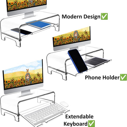 AMT Acrylic Laptop Monitor Stand & Computer Riser with Cat Keyboard Protector, Space-Saving Design, Extra Storage, Clear Shelf - Ideal for Monitors, Laptops, Printers, Desktop Decor