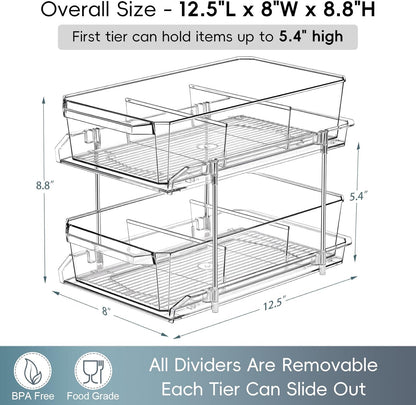 2 Set, 2 Tier Clear Organizer with Dividers for Cabinet, Shlef, Counter - MultiUse Slide-Out Storage Container - Kitchen, Pantry, Medicine Cupboard Bins, Bathroom, Vanity Makeup, Under Sink Organizing