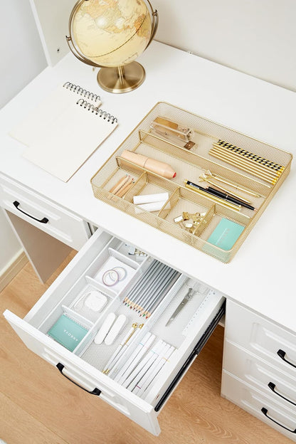 Annova Desk Drawer Organizer Tray for Office Organization - Metal Mesh - Storage Tray with Dividers for Pens, Desktop Accessories, Bathroom, Kitchen, Makeup and Office Supplies (Small, Gold)