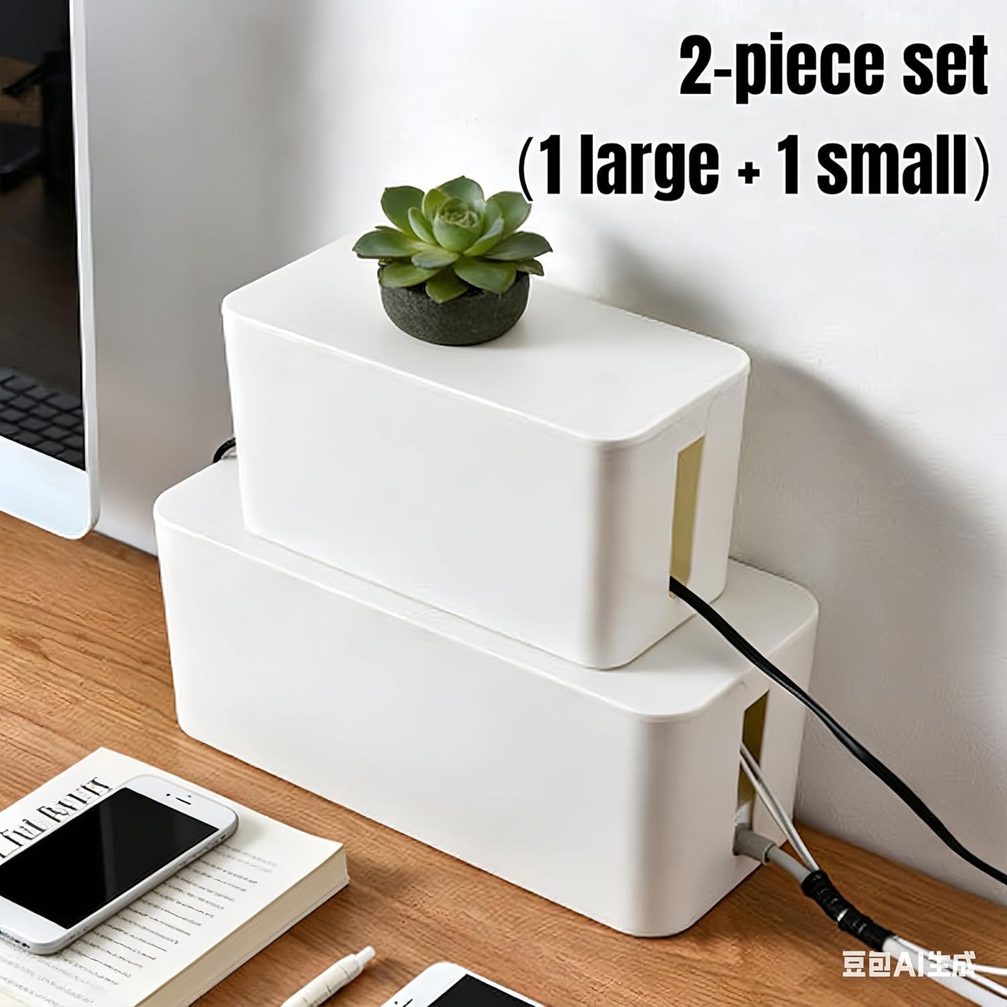 1Large+1Small Cable Organizer Set with 4 Silicone Cable Ties, 2-Piece Cable Management Box, Bamboo Lid Cord Organizer for Home Office,Set of Two Cable Box,Cable Organizer Box(Bamboo lid/White)