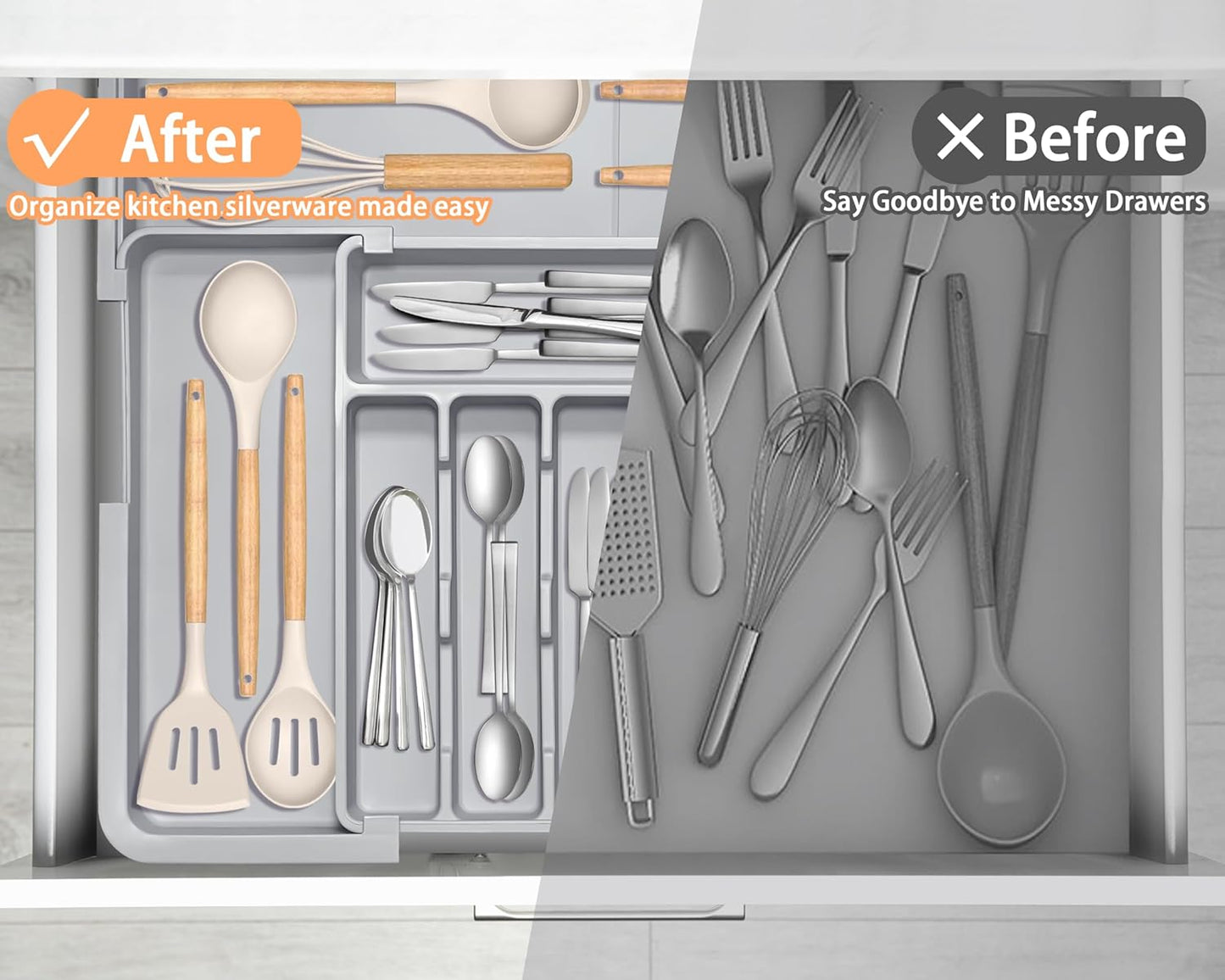 Spaclear Silverware Organizer Expandable Kitchen Utensil Drawer Organizer Large BPA Free Adjustable Cutlery Silverware Tray for Spoons Forks Knives Storage Divider for Kitchen Flatware 6-9 Slots Black
