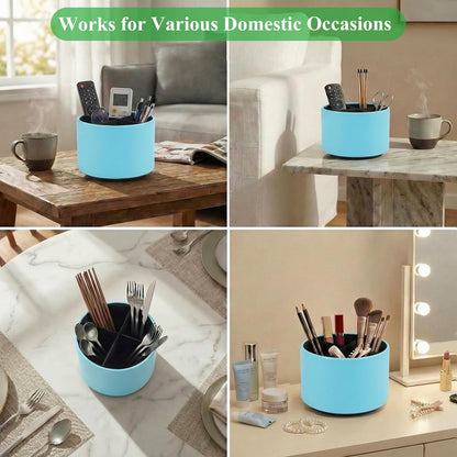 Hennaja Round Leather Art Supply Organizer,Remote Control Holder,360 Degree Rotating,Multi-Functional Pencil Holder,4 Compartments Desktop Stationary Organizer(1-Blue Bird) - Colors C