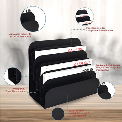BankSupplies STEELMASTER 6 Slot File and Desk Organizer Paper Organizer Black Powder Coat Finish