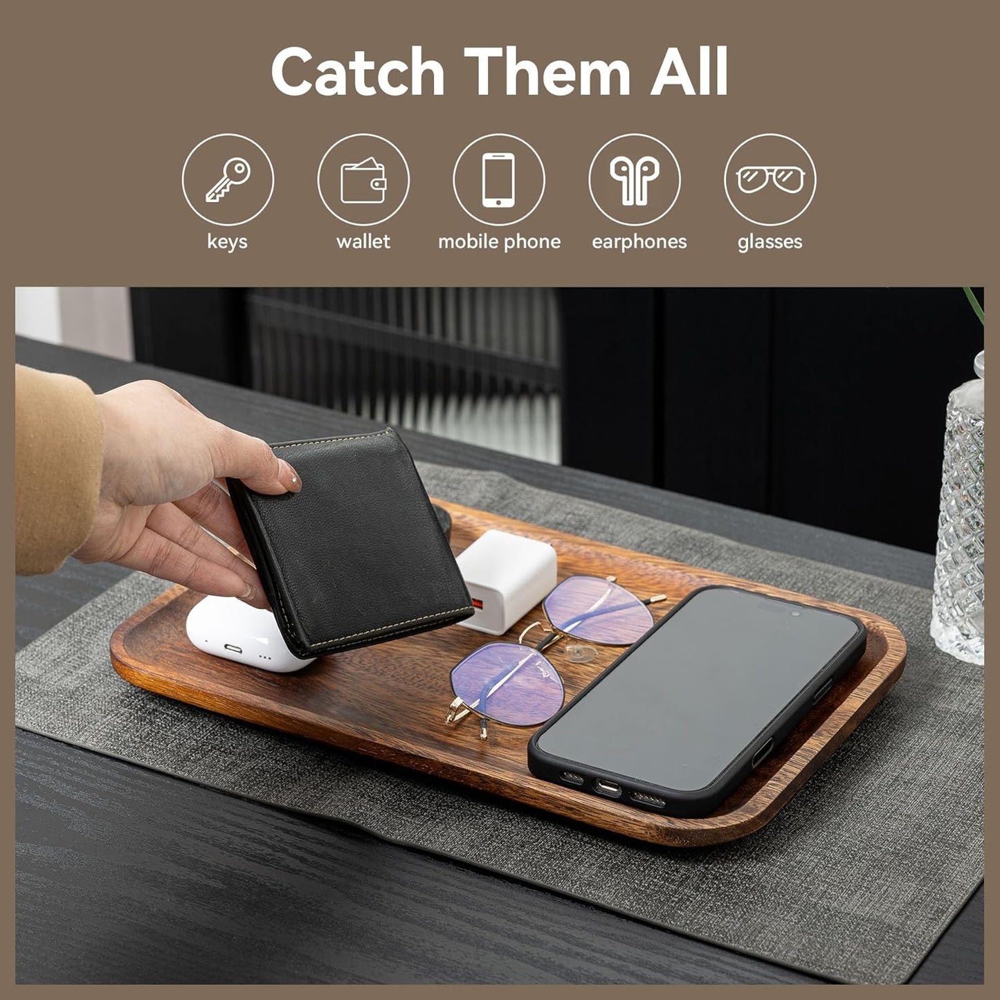 Serving Acacia Wood Valet Tray for Men Women, Catch All Acacia Mens Key Dump Bedside Nightstand Organizer EDC Decorative Wooden Tray for Phone Watch Wallet Keys Jewelry