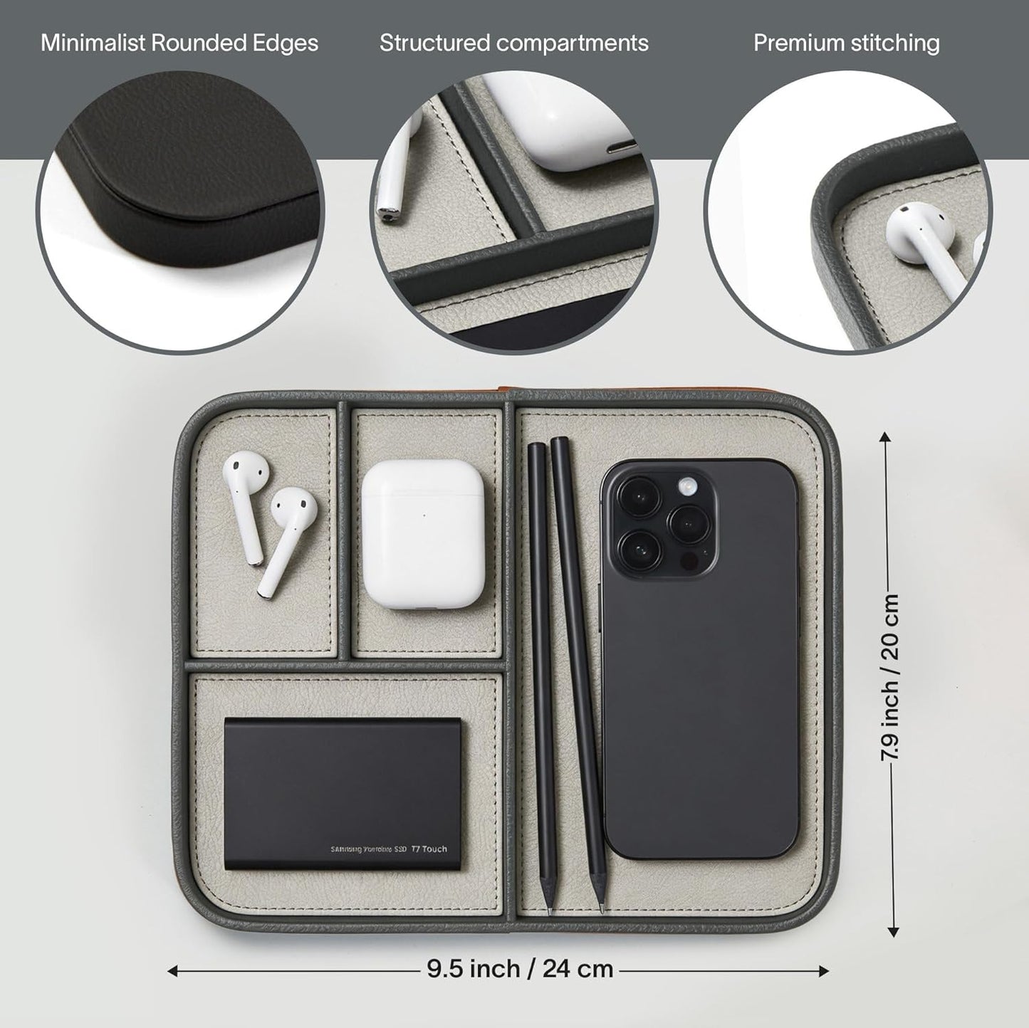 Nordik Leather Valet Tray - Pebble Black - 9.5 x 7.9 Inch Medium Vegan Leather Tray - Stylish Nightstand Organizer for Men - Modern Bedside Caddy - EDC Catchall for Key Watch Wallet Jewellery