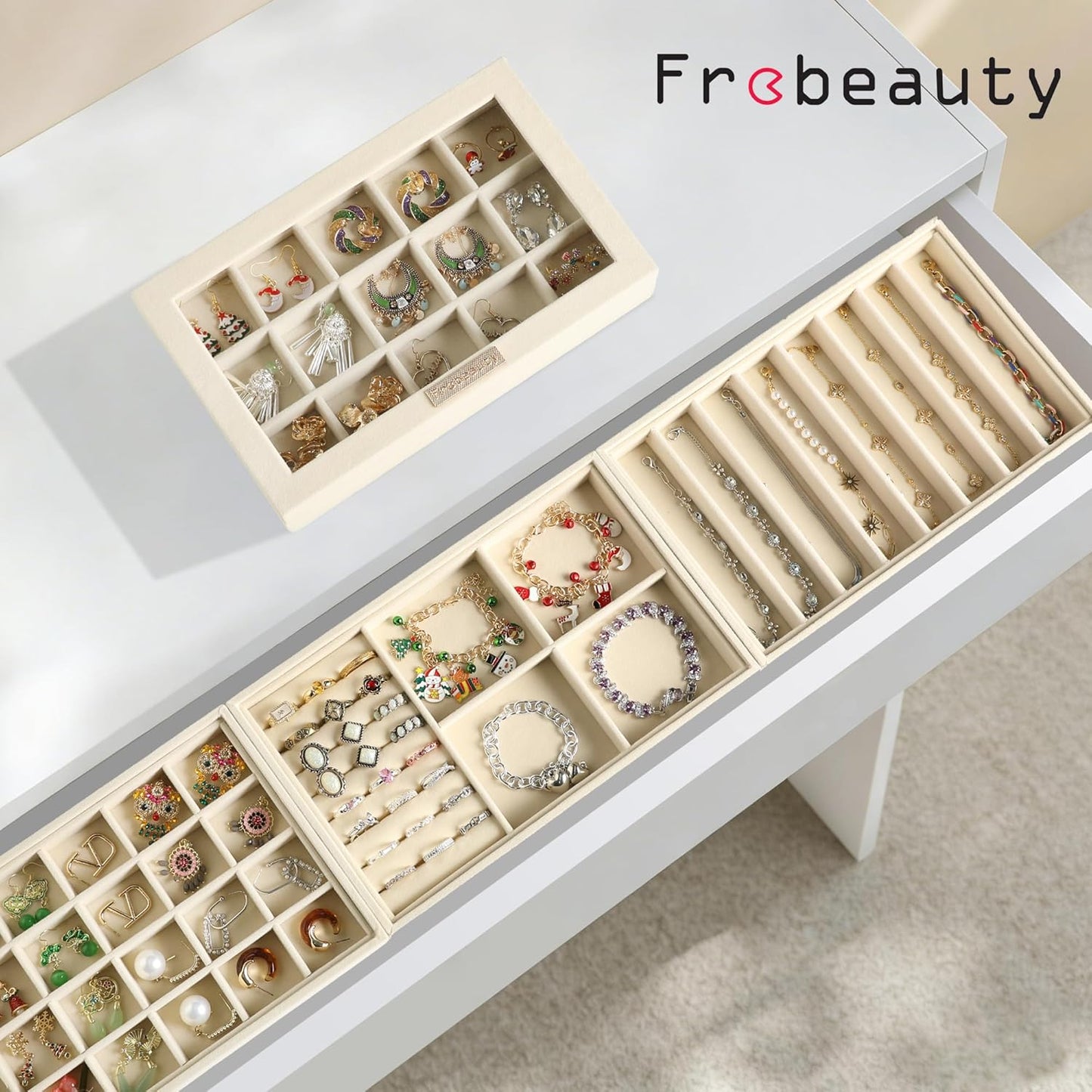 Frebeauty Stackable Jewelry Trays, Velvet Drawer Jewelry Organizer with Glass Lid,5 in 1 Multi-Functional Jewelry Storage for Earrings Necklaces Rings, 10.5 x 6.5 x 5.55 Inches Gift for Women(Beige)