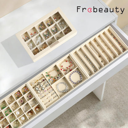 Frebeauty Stackable Jewelry Trays, Velvet Drawer Jewelry Organizer with Glass Lid,5 in 1 Multi-Functional Jewelry Storage for Earrings Necklaces Rings, 10.5 x 6.5 x 5.55 Inches Gift for Women(Beige)