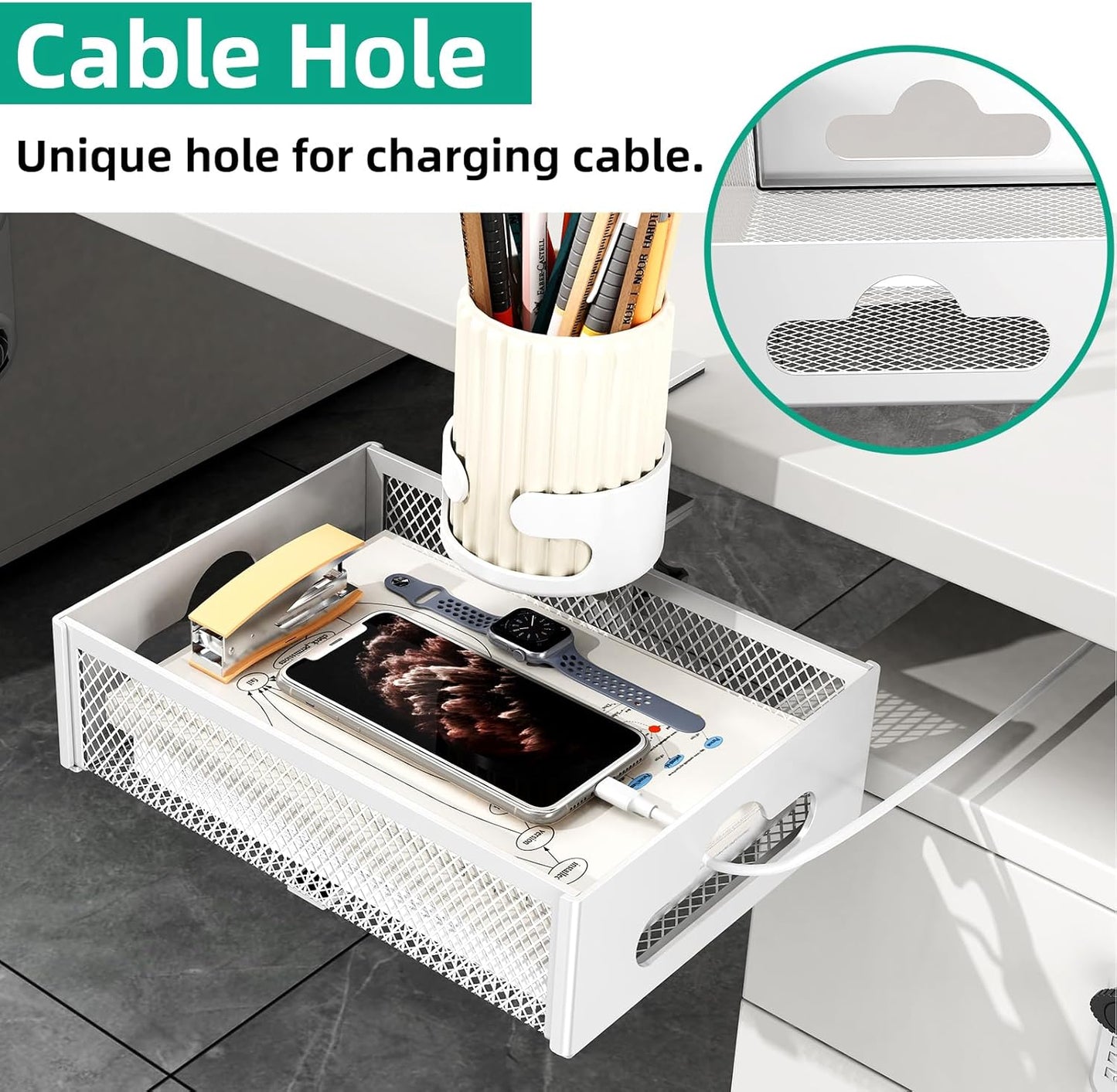 CABTE Desk Cup Holder with Drawer Organizer, Anti-Spill Clip-On Table Cup Hook with 360° Rotation Hidden Storage Box for Office Home Gaming Table (Black)