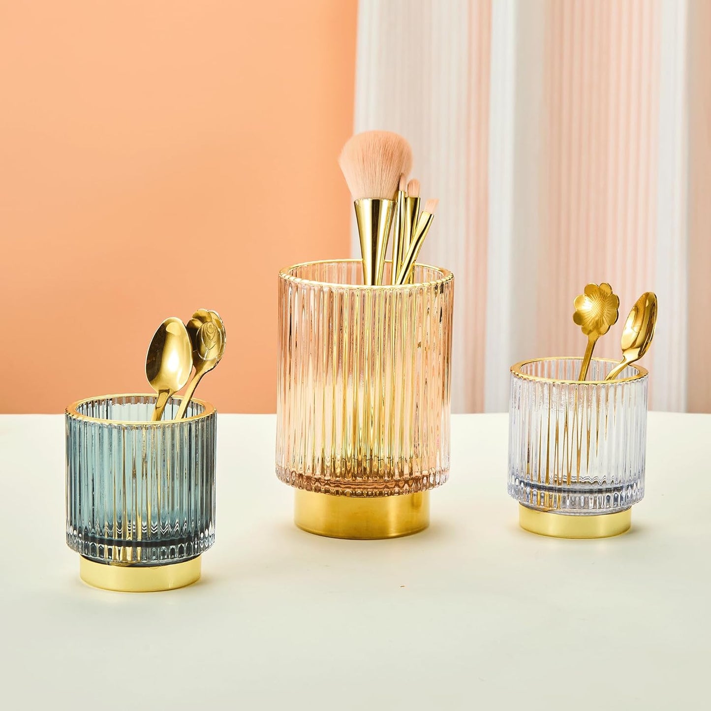 Makeup Brush Holder Organizer,Toothbrush Holders,Desk Pen Pencil Holder,Multifunctional Vintage Glass Brush Cup（L/Green/A3-6-US）
