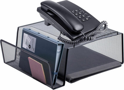 Lorell Mesh Steel Office Phone Stand for Desk, Angled with Storage Slot, 11.1" x 10.1" x 5.3", Black