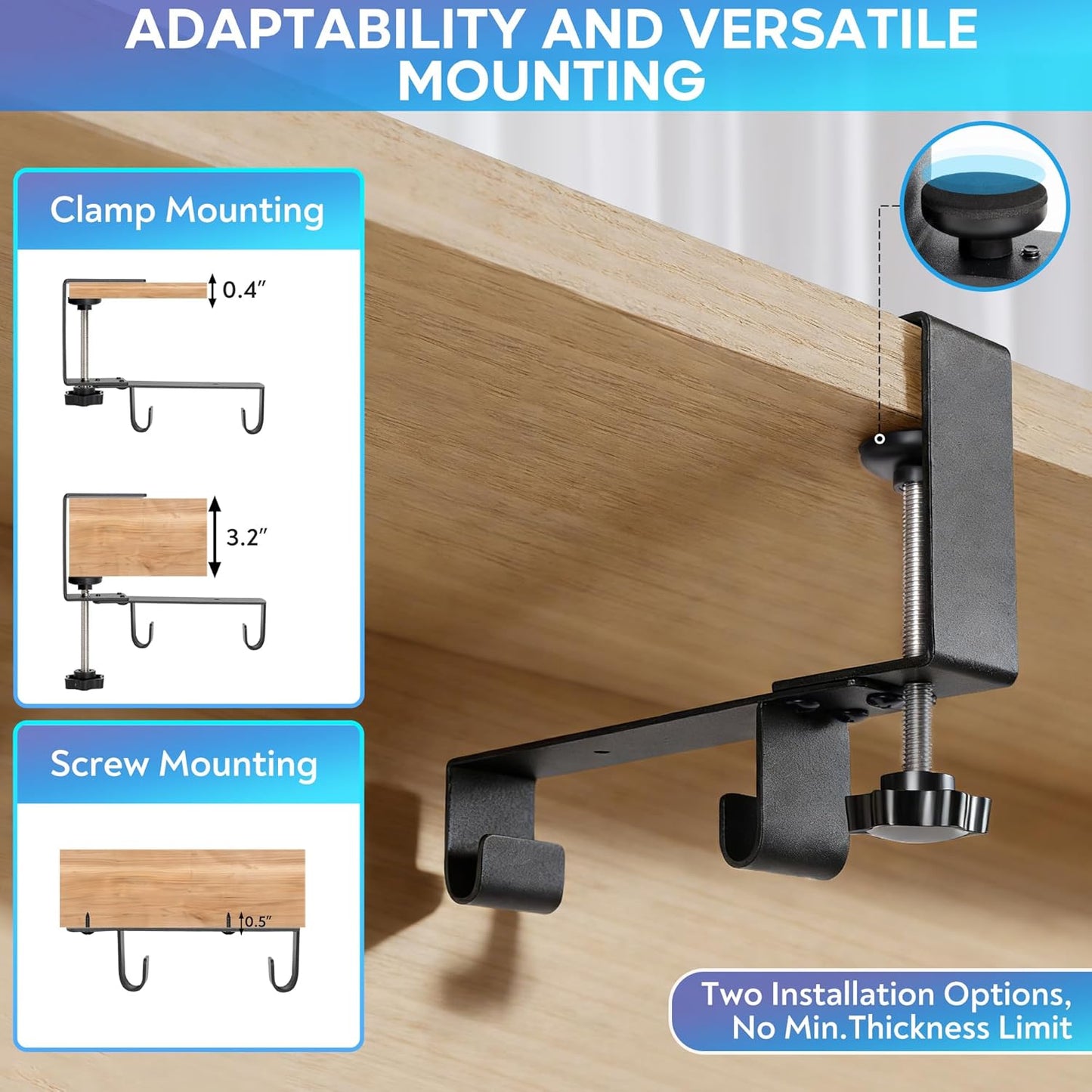 Fabric Under Desk Cable Organizer - Cord Organizer for Desk with 20-Piece Cable Management Kit, Easy Clamp or Screw Mount for Standing Desk Cable Management, Mesh Ventilation Slot