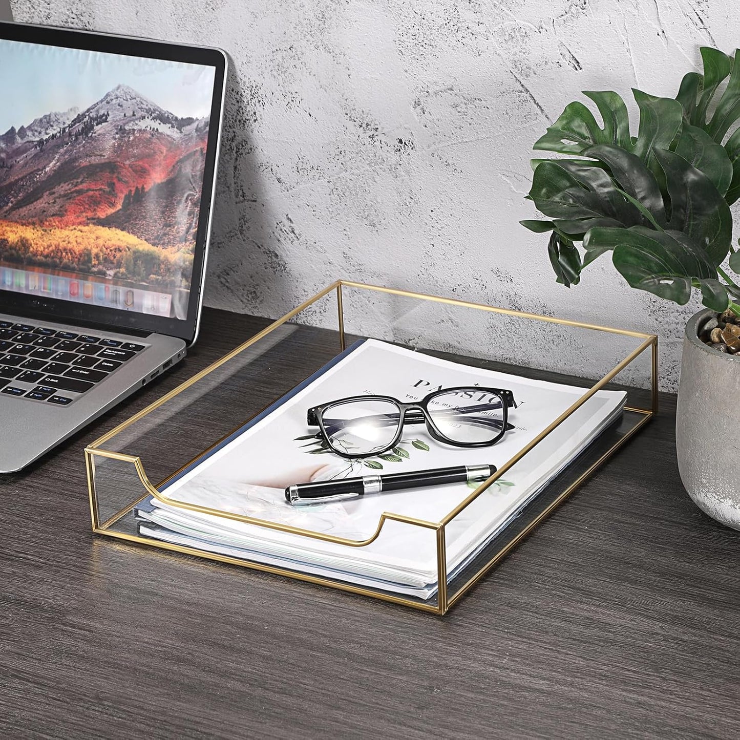 BTSKY 1 Pack Golden Glass Desk Tray, Multi-Purpose Organizer for A4 Paper, Documents, Desk Supplies, Makeup, Clear File Tray with Metal Frame, Stackable Decorative Storage for Home Office Vanity