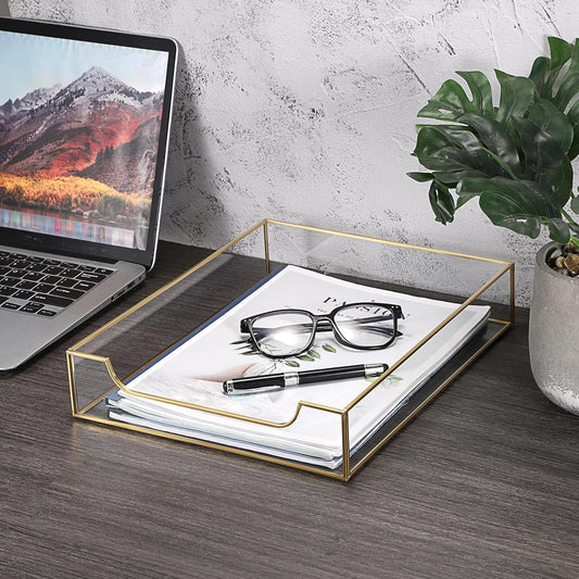BTSKY 1 Pack Golden Glass Desk Tray, Multi-Purpose Organizer for A4 Paper, Documents, Desk Supplies, Makeup, Clear File Tray with Metal Frame, Stackable Decorative Storage for Home Office Vanity