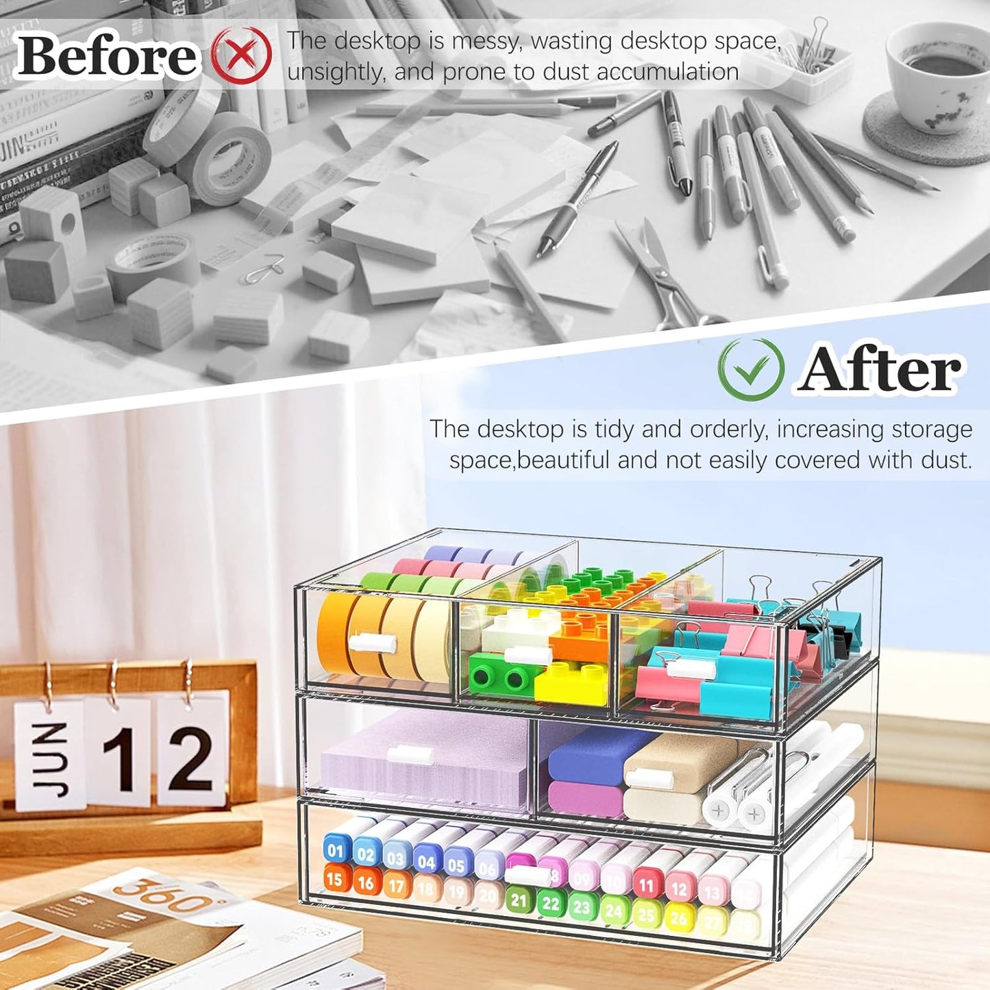 3 Tier Stackable Desk Organizer with 6 Drawers, YOCOMEY Plastic Desktop Storage Box Drawers, Detachable Makeup Storage Office Stationery Supplies Organizer for Office School(Clear)