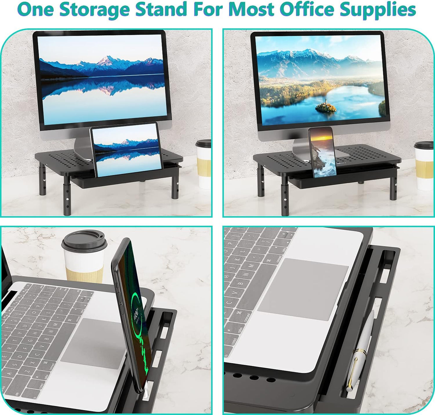 WALI Computer Monitor Stand with Storage, Desk Monitor Riser 3 Height Adjustable, Laptop Riser with Airflow Vents, Desk Organizer for Computer, Laptop, Printer (PTT002-B), 1 Pack, Black