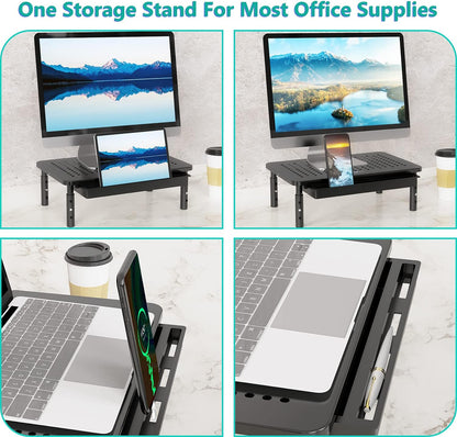 WALI Computer Monitor Stand with Storage, Desk Monitor Riser 3 Height Adjustable, Laptop Riser with Airflow Vents, Desk Organizer for Computer, Laptop, Printer (PTT002-B), 1 Pack, Black
