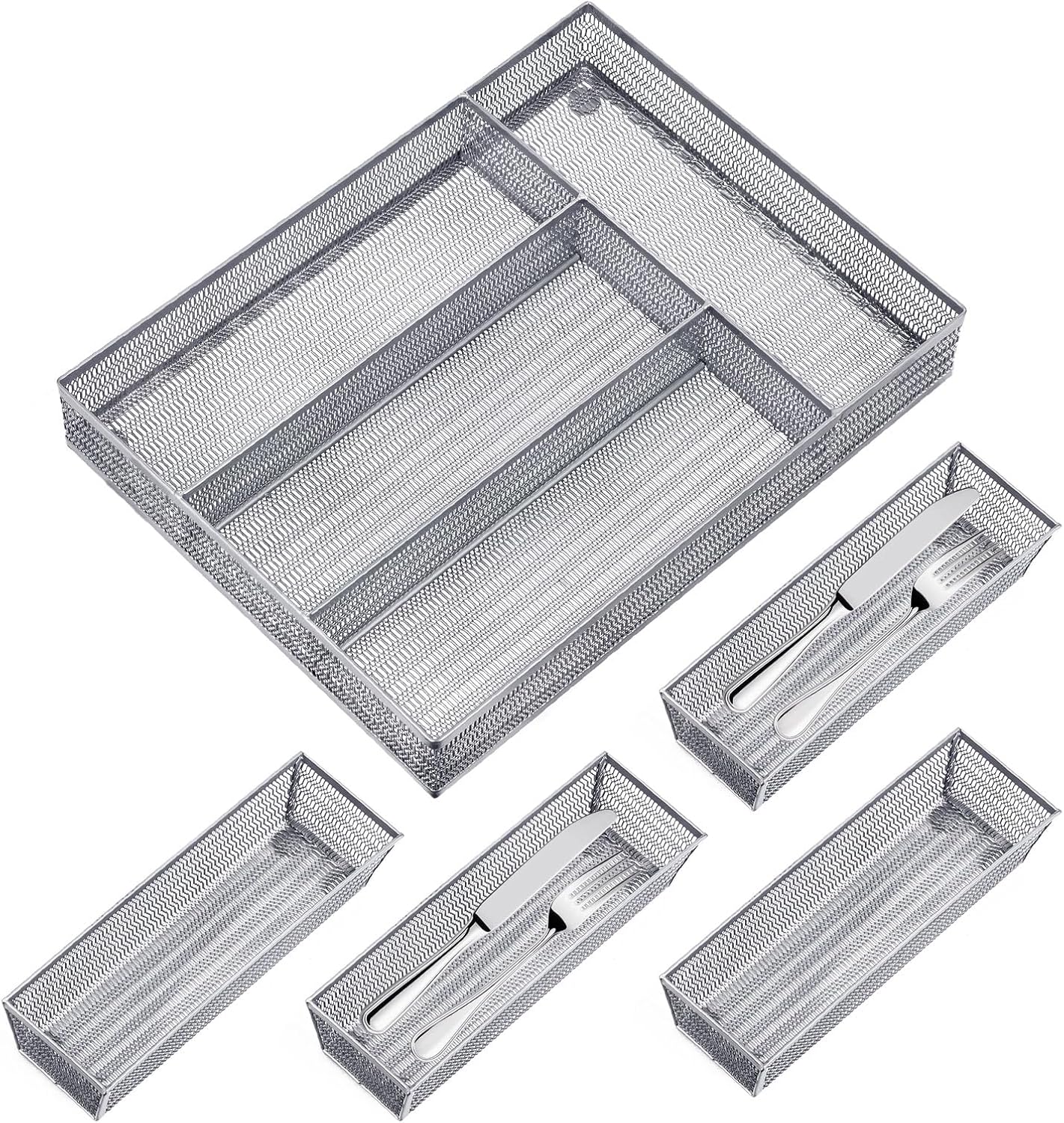 Neudeco Drawer Organizer Set 6 Pack - 5-Compartment Silverware Organizer Tray + 5 Utensil Trays, Kitchen Drawer Organizer for Flatware, Cutlery, Office Supplies, Black Mesh, Non-Slip.