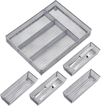 Neudeco Drawer Organizer Set 6 Pack - 5-Compartment Silverware Organizer Tray + 5 Utensil Trays, Kitchen Drawer Organizer for Flatware, Cutlery, Office Supplies, Black Mesh, Non-Slip.