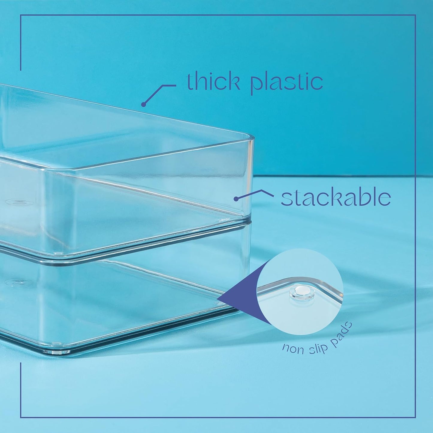 primebox Six Pieces - Clear Plastic Drawer Organizer Bins - Stackable, Non-Slip, 3 Sizes