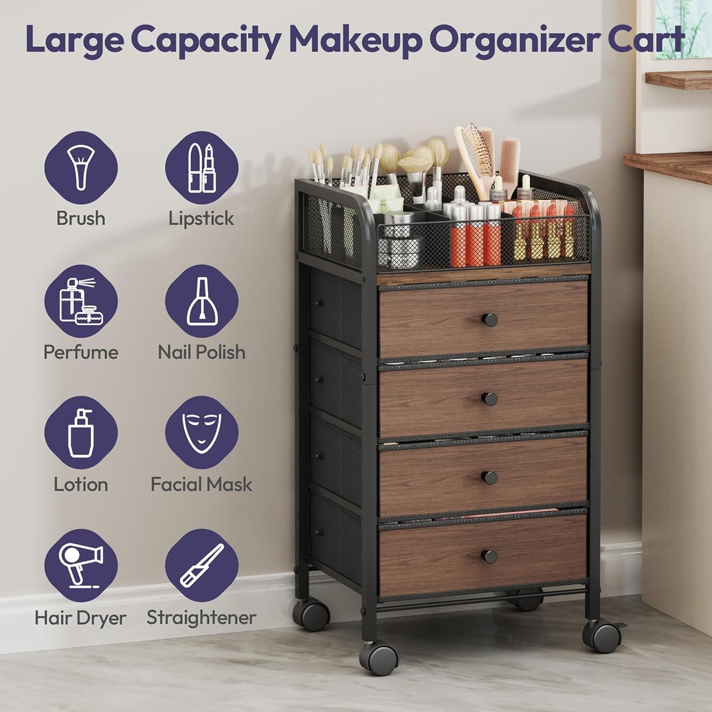 SWTYMIKI Rolling Makeup Organizer Cart - Under Desk Vanity Makeup Storage with 3 Non-woven Drawers, Nail Cart Organizer Cosmetic Display Cases Cabinet for Skin Care Perfume Nail Polish Brush Hair Tool