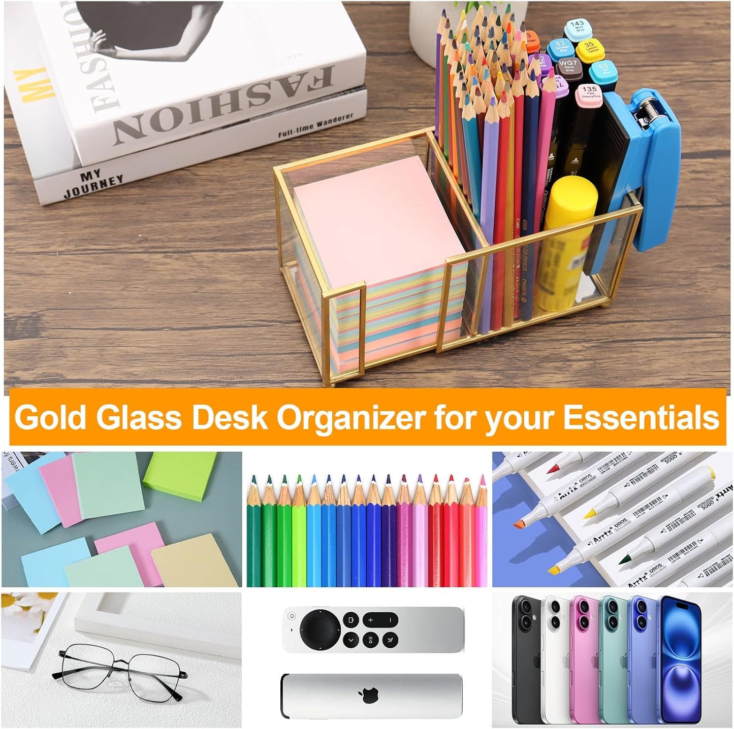 Sticky Note Holder,Glass Post It Note Dispenser with Pen Slot,Gold 3 x 3 Inch Post It Note Holder for Desk,Stylish Sticky Note Dispenser for Home Office Desk