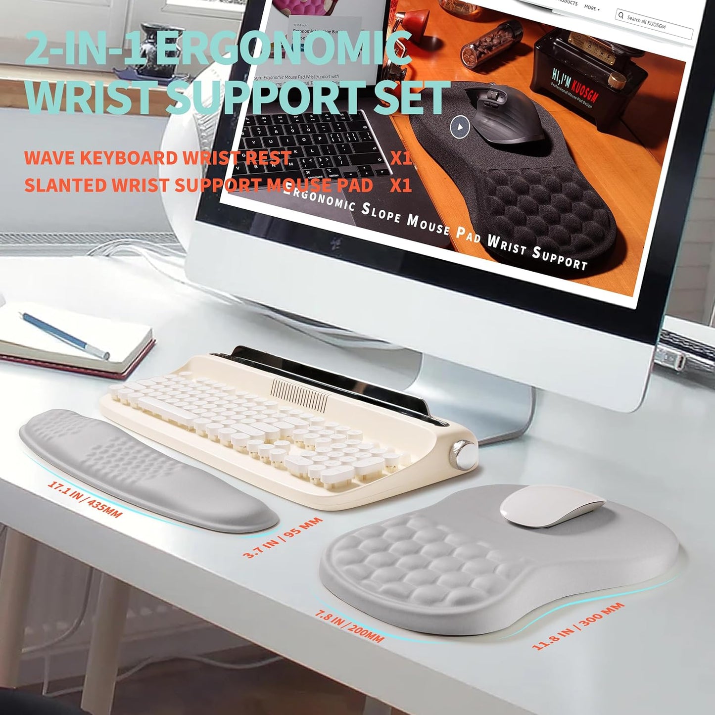 2-in-1 Ergonomic Set, Wave Rise Keyboard Wrist Rest and Massage Bulge Slope Mouse Pad Wrist Support, Cushion Memory Foam Integrated to Relieve Wrist Pain, Black