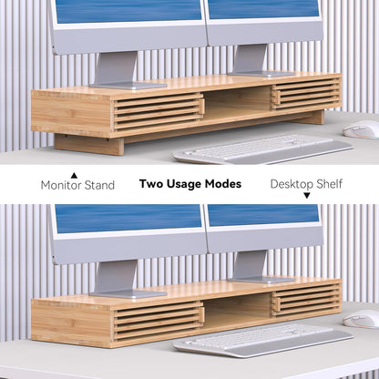 Monitor Stand Riser with Sliding Door, Computer Laptop Stand Desk Shelf Organizer with Storage (Natural Bamboo, 25 Inch)