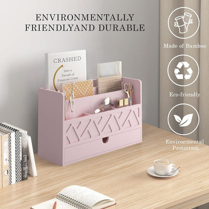 Bamboo Mail Organizer Countertop Desktop with Drawer - Desk Organizer with File Organizer for Office Supplies All-in-One Desk File Organization with Pencil Holder for Paper Letter Envelope Bill