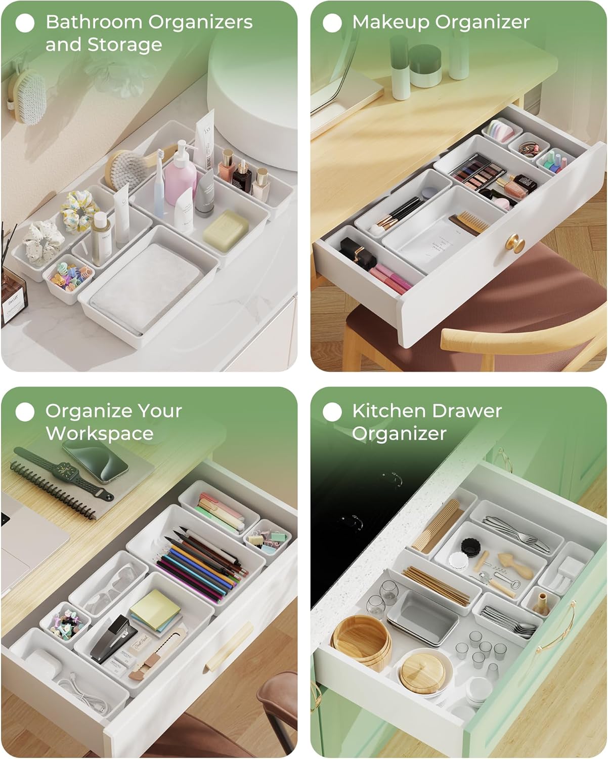 BiuLeon 25 PCS Plastic Drawer Organizers Set, 4-Sizes Vanity and Makeup Organizer, Desk and bathroom Drawer Organizer Trays, Organizers and Storage for Makeup, Jewelry, Gadgets, Utensils (Pink)