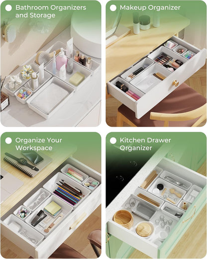 BiuLeon 25 PCS Plastic Drawer Organizers Set, 4-Sizes Vanity and Makeup Organizer, Desk and bathroom Drawer Organizer Trays, Organizers and Storage for Makeup, Jewelry, Gadgets, Utensils (Pink)