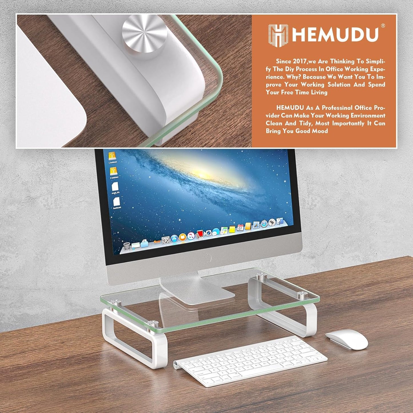 Hemudu Computer Monitor Stand Riser Multi Media Desktop Stand for Flat Screen LCD LED TV, Laptop/Notebook, with Tempered Glass and Metal Legs, Black HD02B-001U
