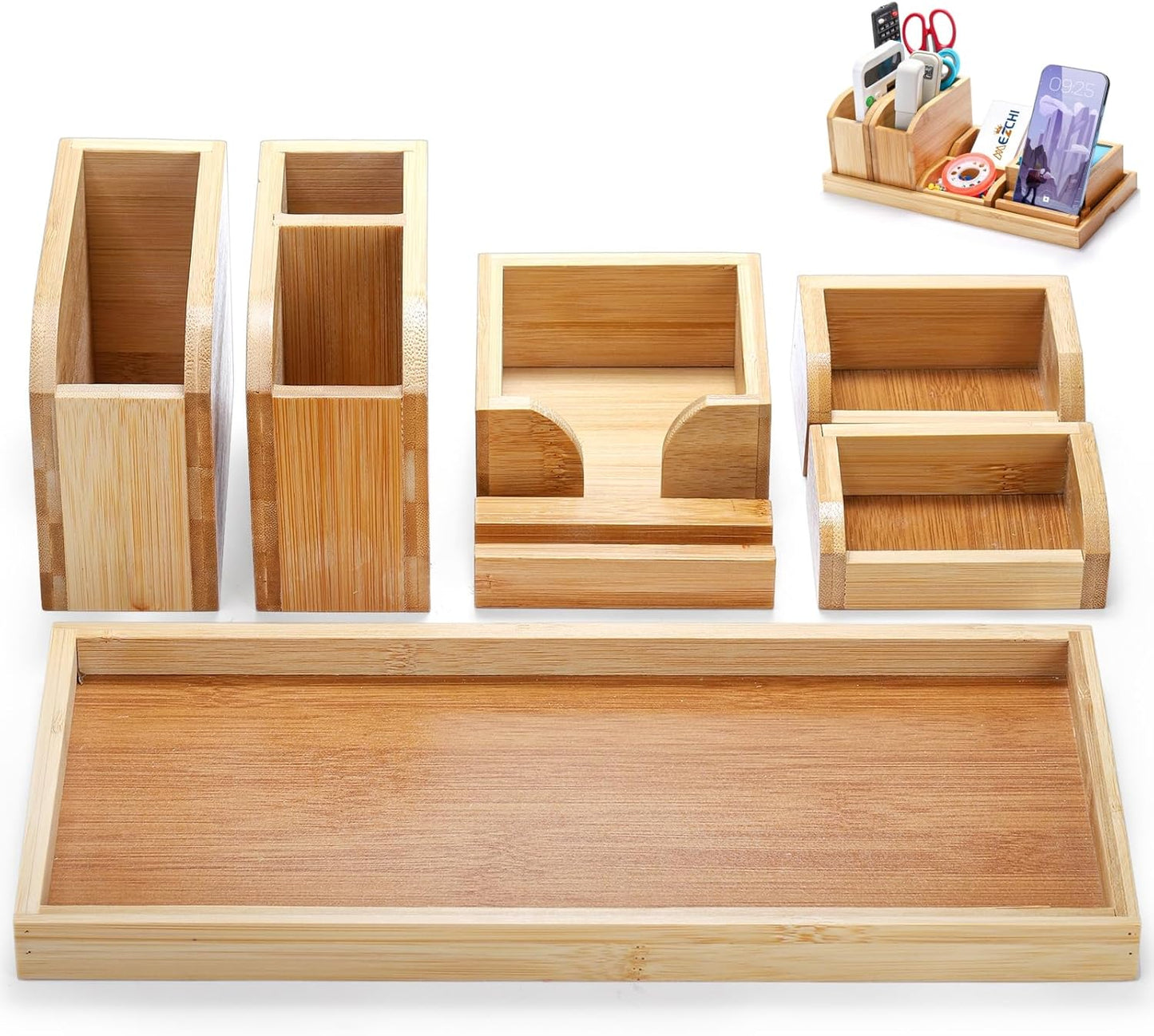 Cididu Bamboo Desk Vanity Tray, 7 Pieces Adjustable Pen Holder Stationery Caddy, Bathroom Vanity Organizer Set, Sturdy Countertop Tray Storage Boxes Office Supplies for Makeup Small Items Home Kitchen