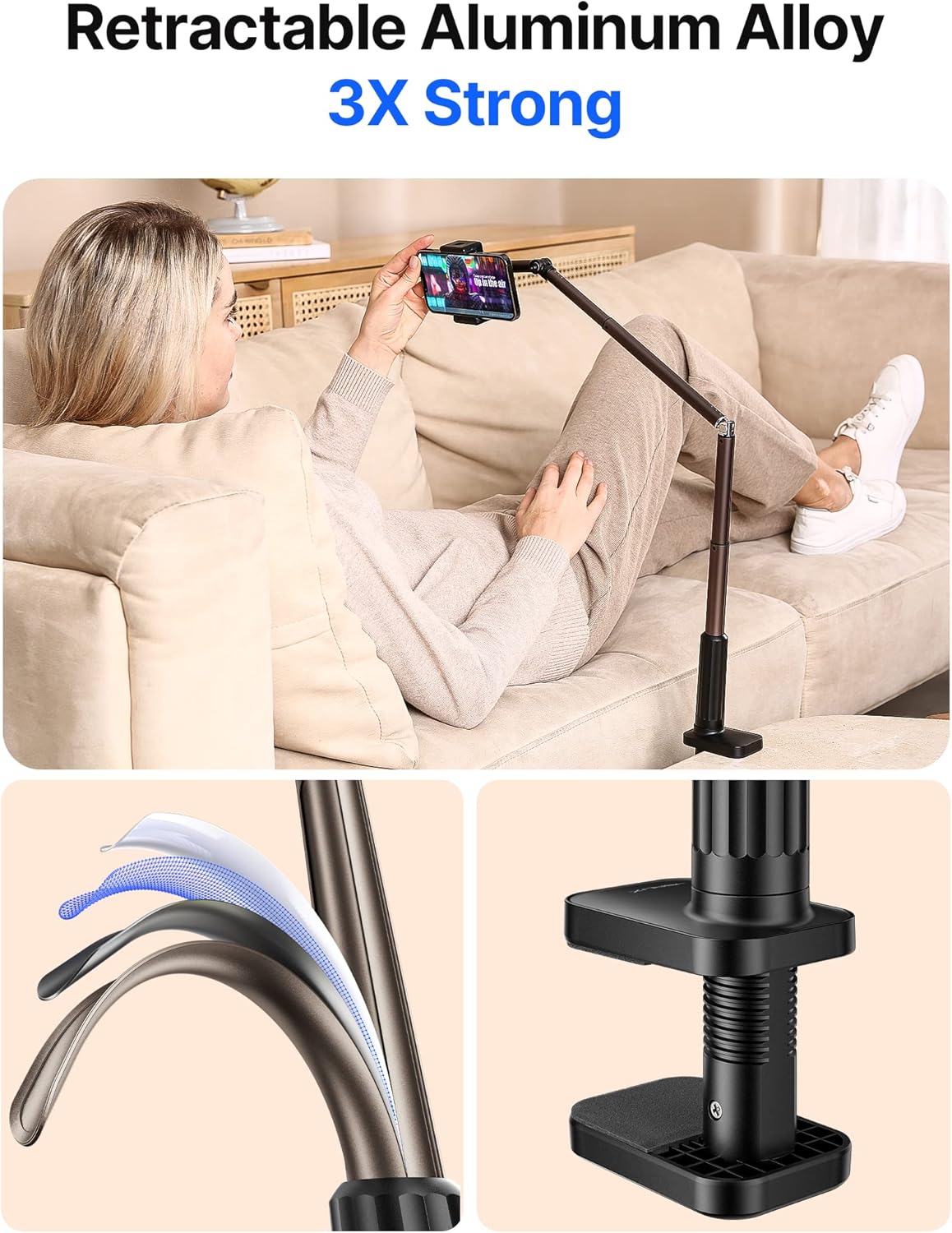 JSAUX Phone Holder for Desk and Bed Compatible with iPhone 17 16 15 14 13 12 Overhead Phone Mount Gooseneck Phone Stand Flexible 360 Lazy Long Arm Clamp Clip for Table Bedside [1-Pack, Black]