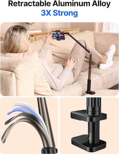 JSAUX Phone Holder for Desk and Bed Compatible with iPhone 17 16 15 14 13 12 Overhead Phone Mount Gooseneck Phone Stand Flexible 360 Lazy Long Arm Clamp Clip for Table Bedside [1-Pack, Black]