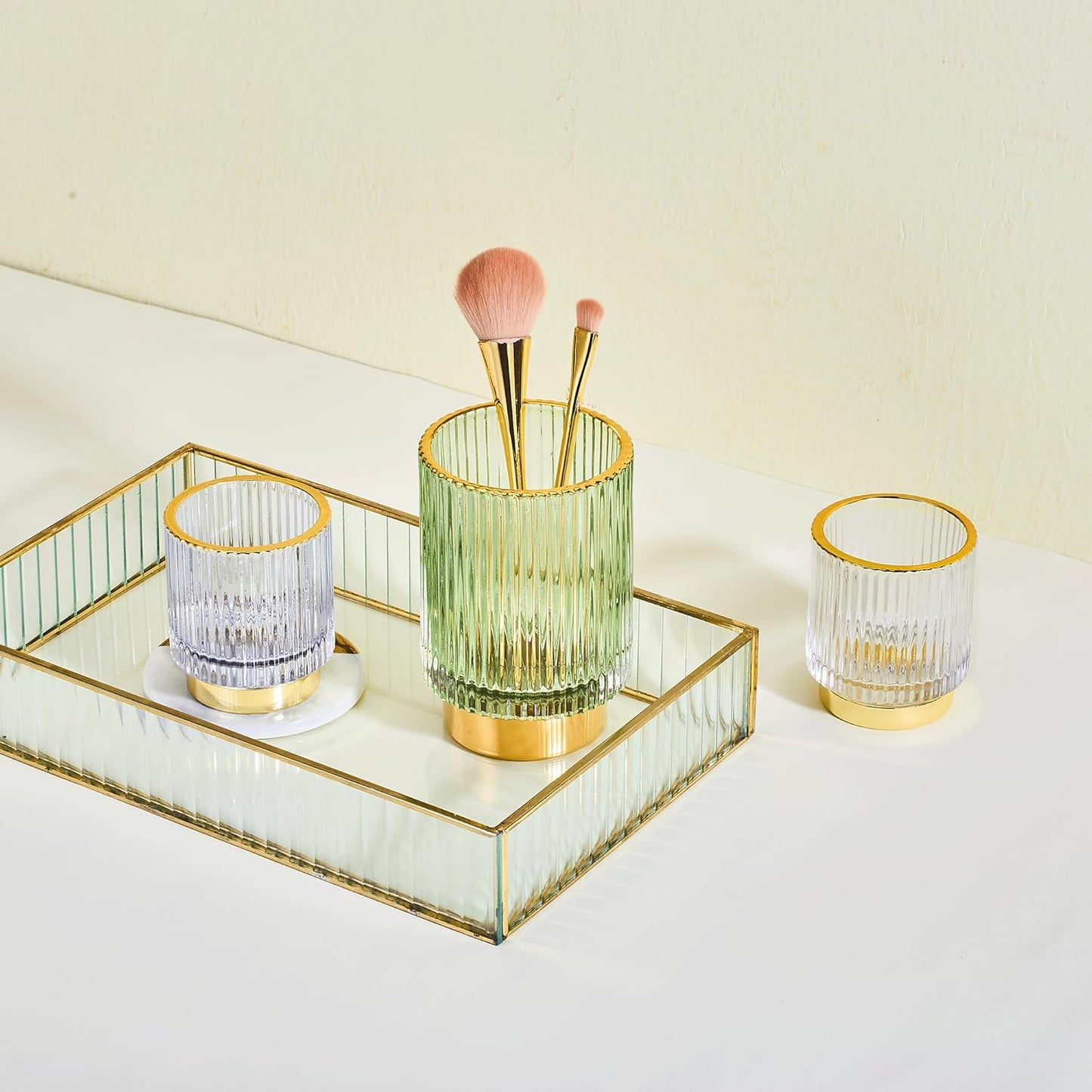 Makeup Brush Holder Organizer,Toothbrush Holders,Desk Pen Pencil Holder,Multifunctional Vintage Glass Brush Cup（L/Green/A3-6-US）