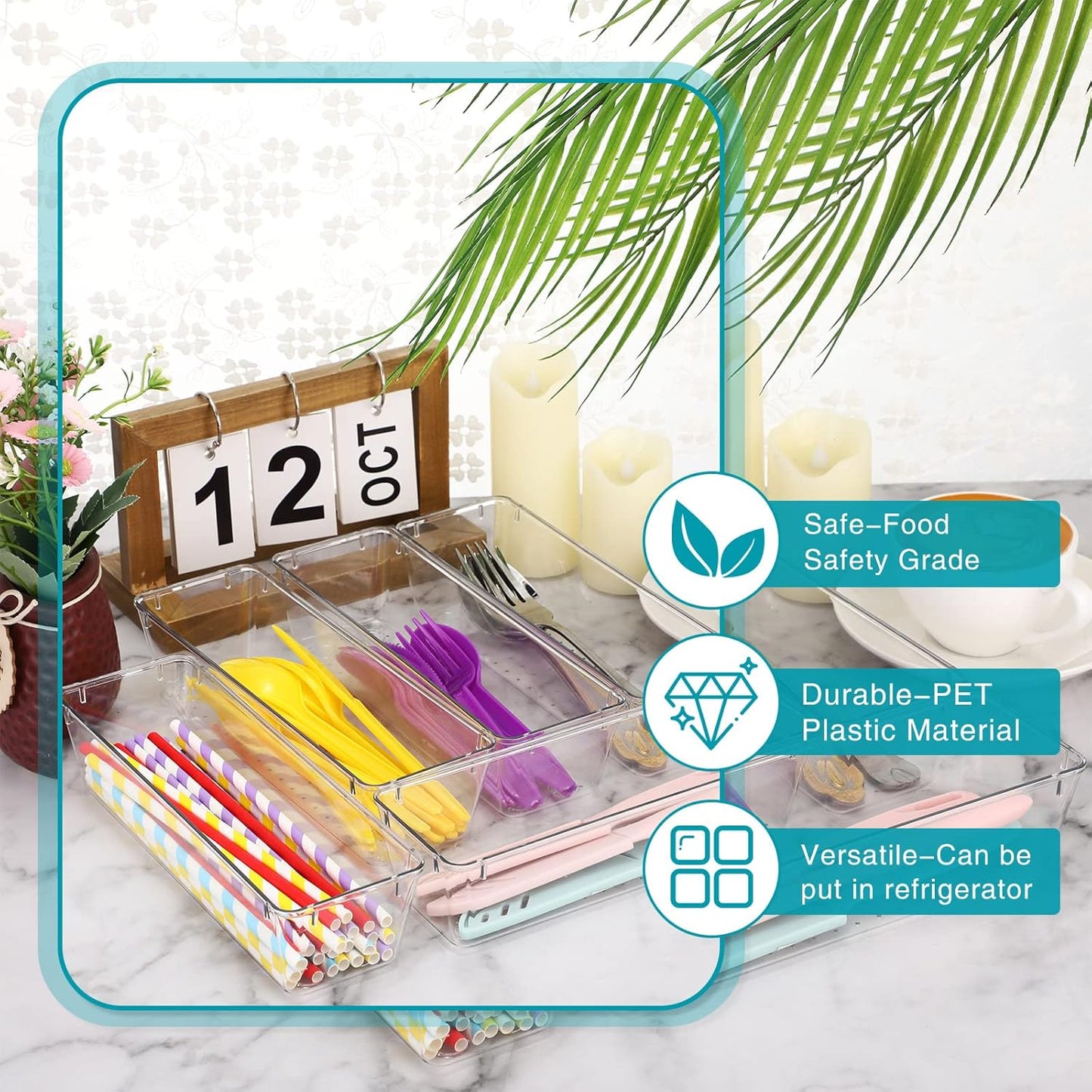 Maitys 12 Pcs Clear Drawer Organizer 9 x 3 x 2 Inches Plastic Rectangle Trays Makeup Vanity Storage Bins and Kitchen Drawers Dividers for Office Desk Silverware Kitchen Utensils(Clear)