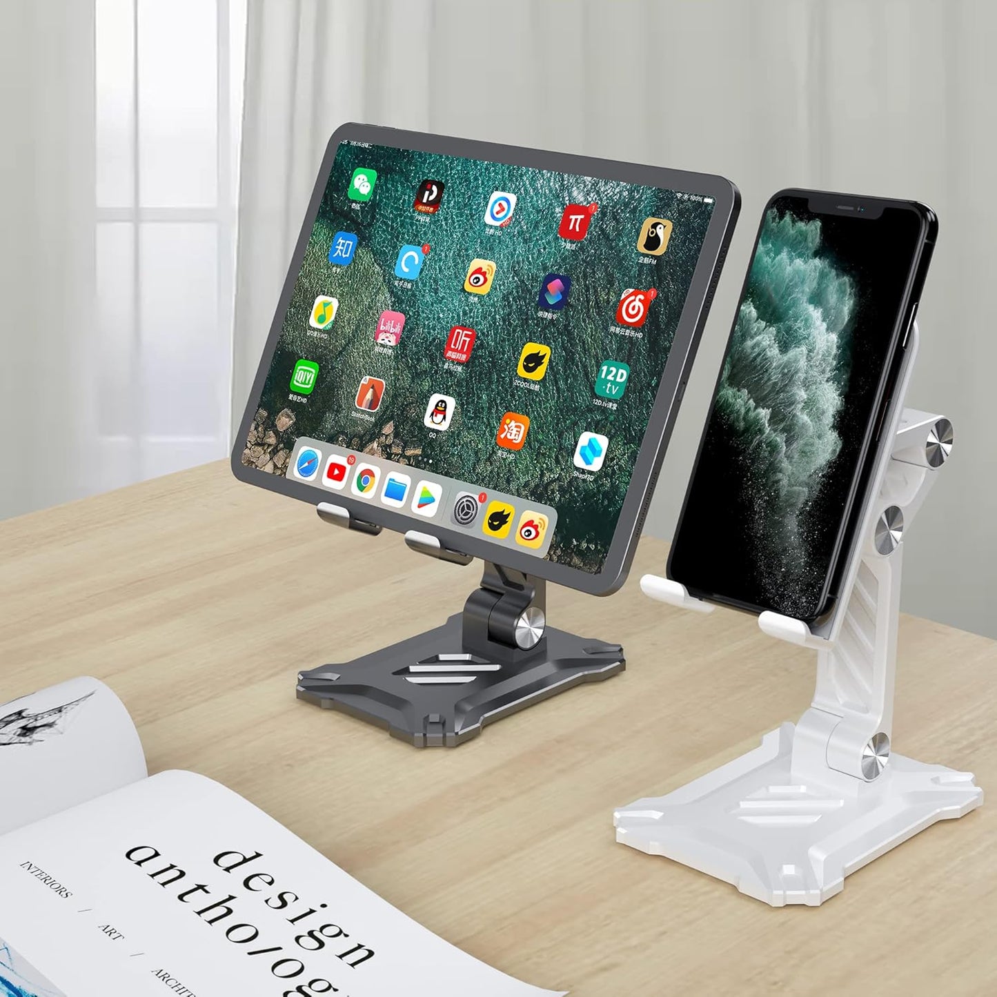 Phone Stand for Desk. Foldable Desktop Mobile Phone Stand with Angle Height Adjustable, Portable Office Cell Phone Holder, Cradle, Dock. Fits All 4.7-13in iPhone/Smartphone/iPad/Tablet.