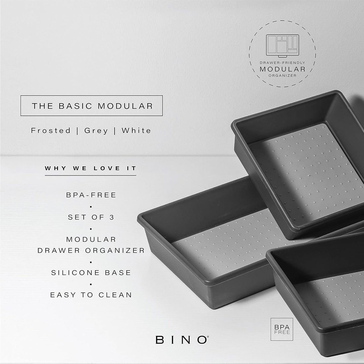 BINO | 3-Piece Drawer Organizer Bin Set, Large - Grey | THE MODULAR | Multi-Purpose Storage | Soft-Grip Lining and Non-Slip Rubber Feet | Durable | BPA-Free | Desk Drawer Organizer | Vanity Organizer