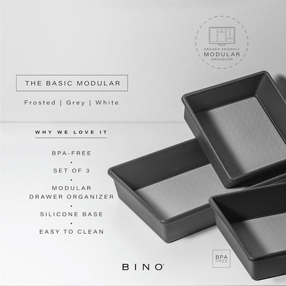 BINO | 3-Piece Drawer Organizer Bin Set, Large - Grey | THE MODULAR | Multi-Purpose Storage | Soft-Grip Lining and Non-Slip Rubber Feet | Durable | BPA-Free | Desk Drawer Organizer | Vanity Organizer