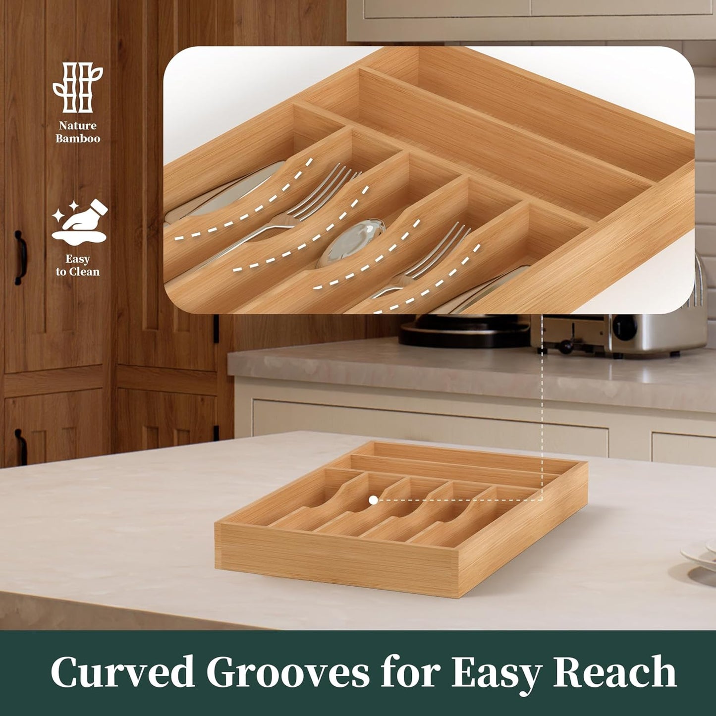 Small Silverware Organizer, Bamboo Kitchen Drawer Organizer, Utensil Holder, Cutlery Tray & Spoon Flatware Storage with Grooved Drawer Dividers (6.7''W x 12''D)