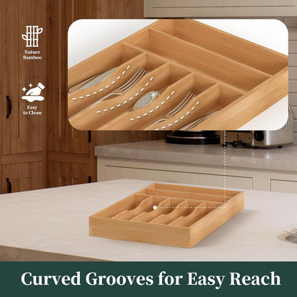 Small Silverware Organizer, Bamboo Kitchen Drawer Organizer, Utensil Holder, Cutlery Tray & Spoon Flatware Storage with Grooved Drawer Dividers (6.7''W x 12''D)