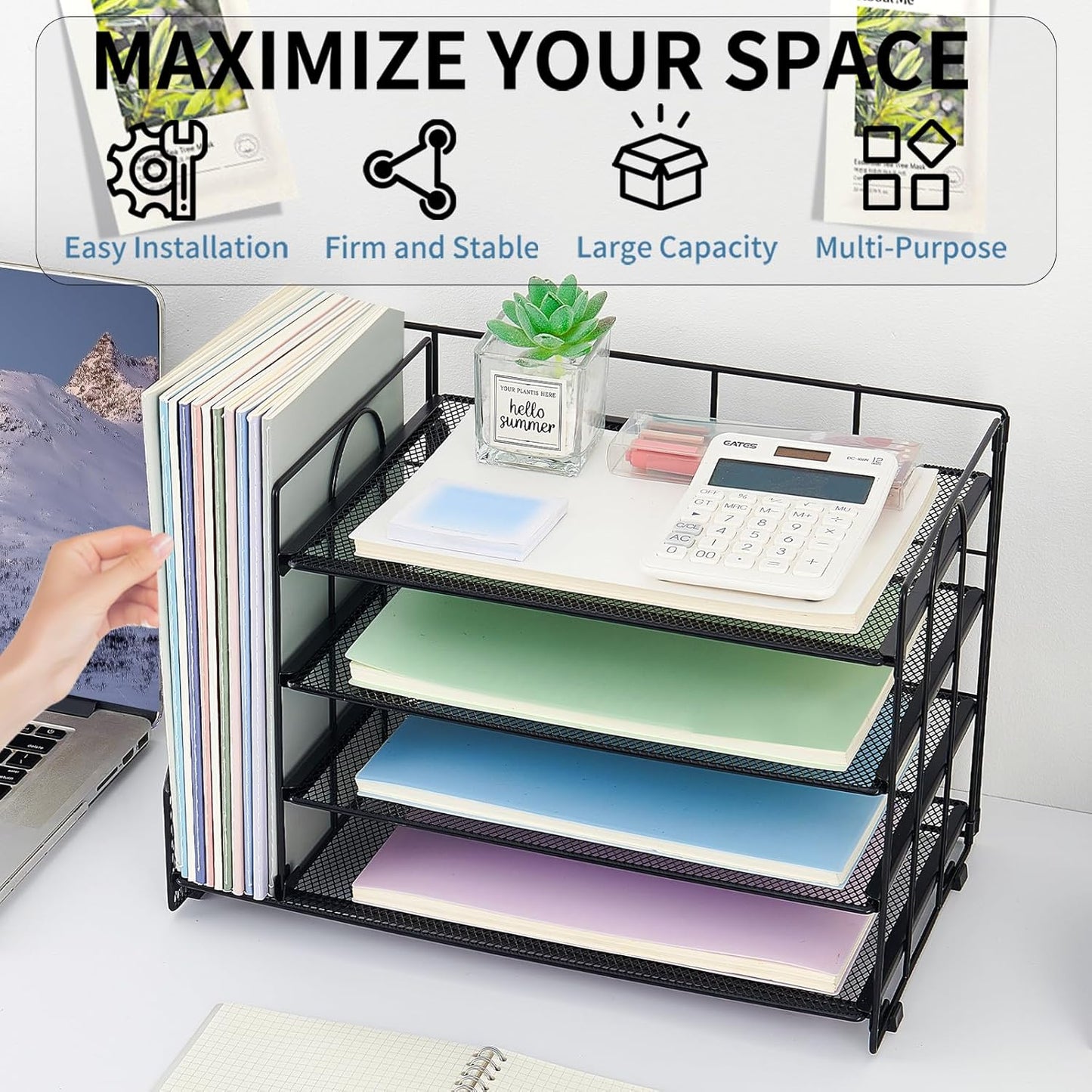 OPNICE Desk Organizer, 5-Tier Paper Organizer Letter Tray with Magazine Holder, Office Desk Accessories & Workspace Organizers, Desktop File Organizer for Office Supplies Storage, Black
