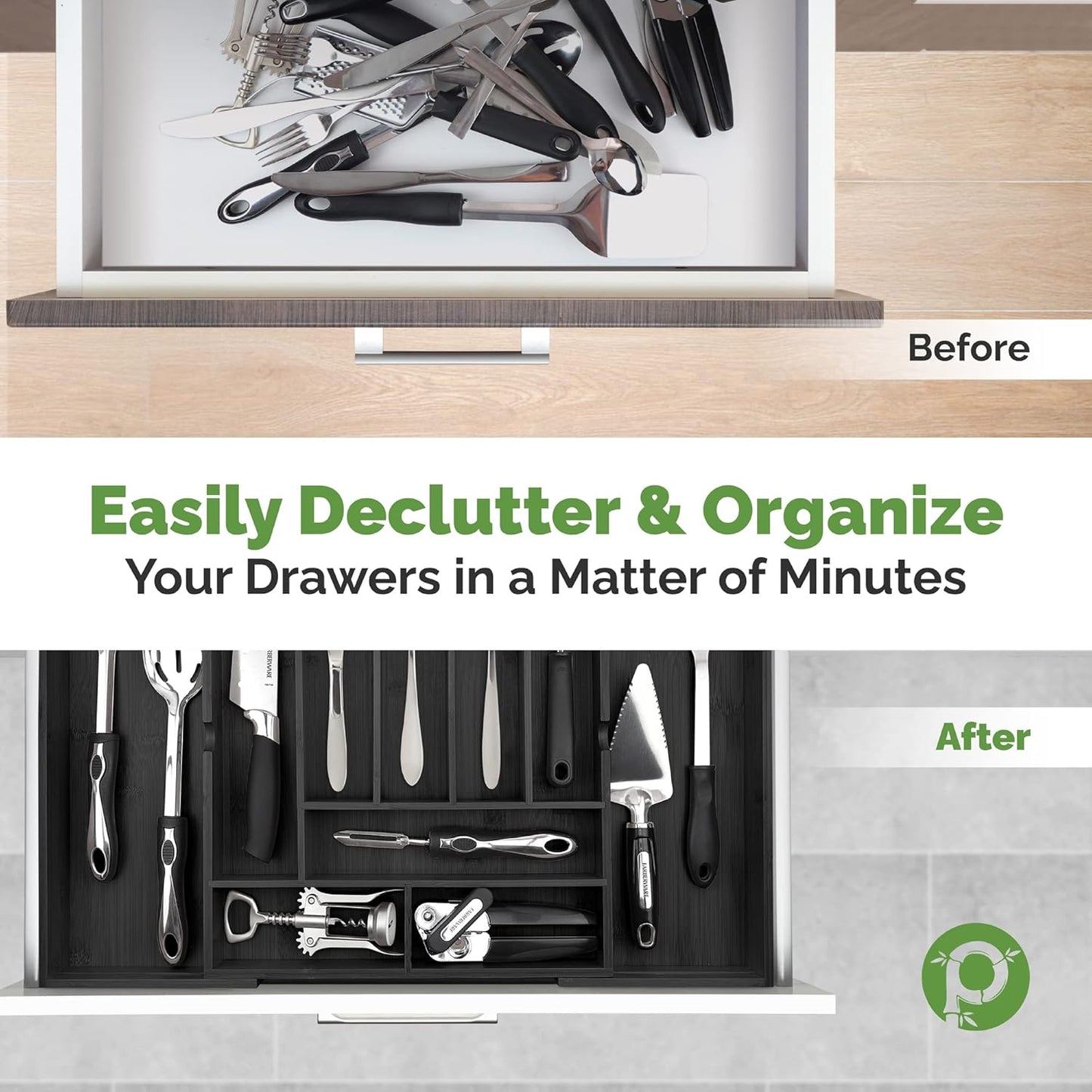 Pristine Bamboo Expandable Drawer Organizers for Kitchen - Extra Deep Non-Slip 17” x 14.6” (expands up to 25 inches) - Dark Wooden Silverware Divider (10 Compartments) – Organize Cooking Utensils